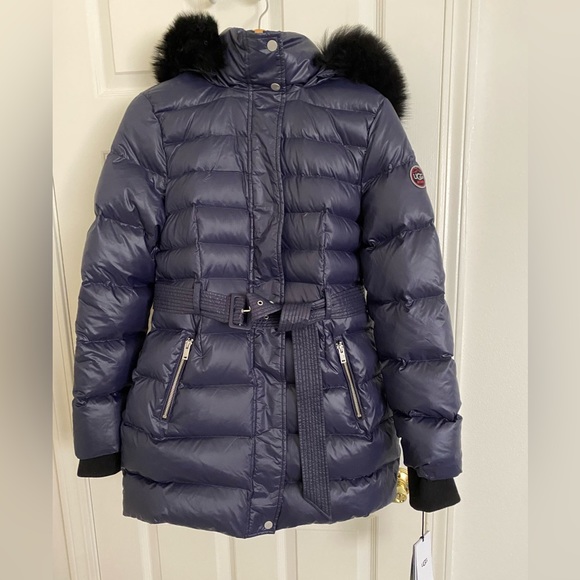 NWT UGG Valerie Navy belted down hooded parka sheep fur collar women’s size M - Picture 3 of 16